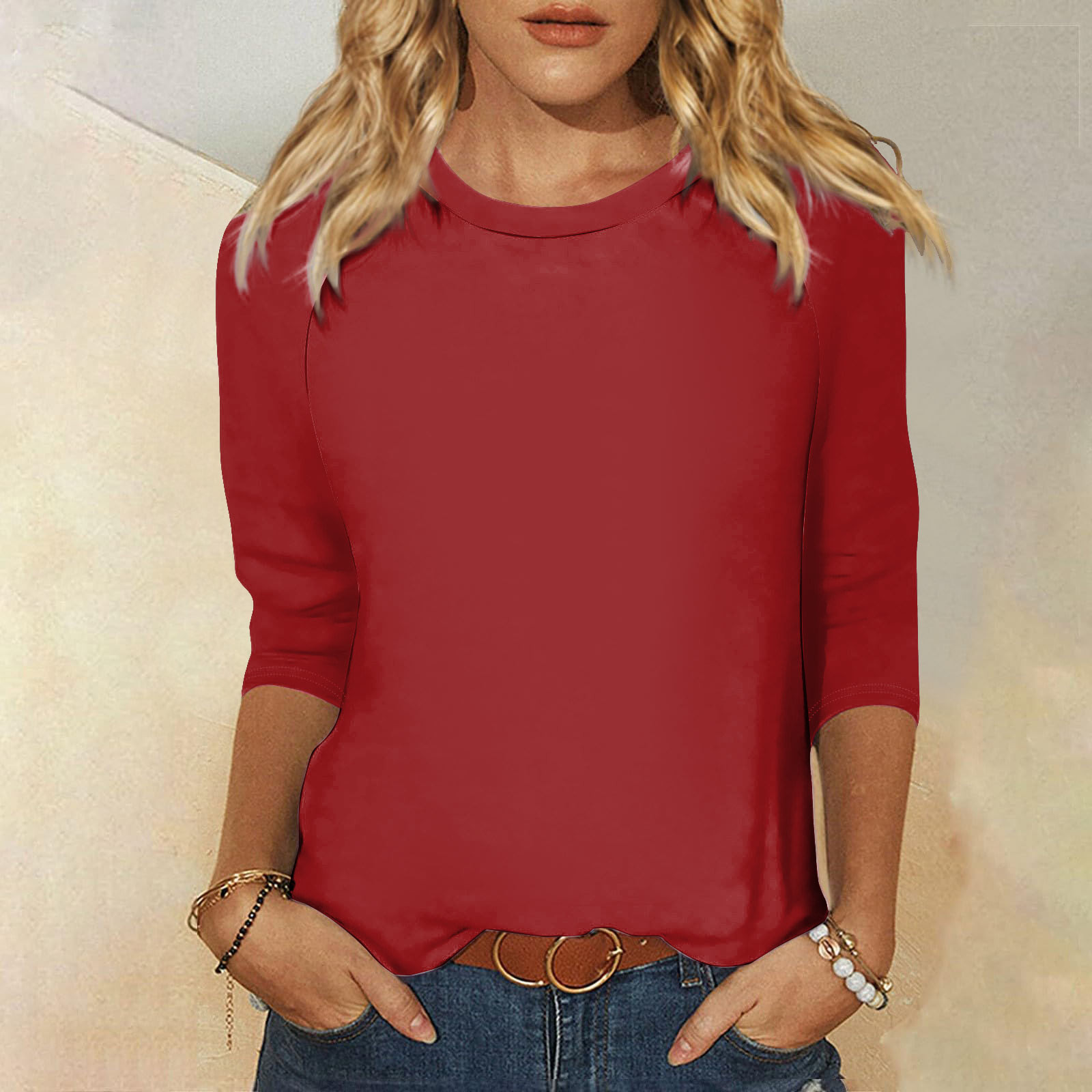 thumbnail image 2 of Camisa raglán informal de manga 3/4 para mujer, cuello redondo, poliéster, color liso, estilo informal y moderno, tallas S-XXL, 2 of 5